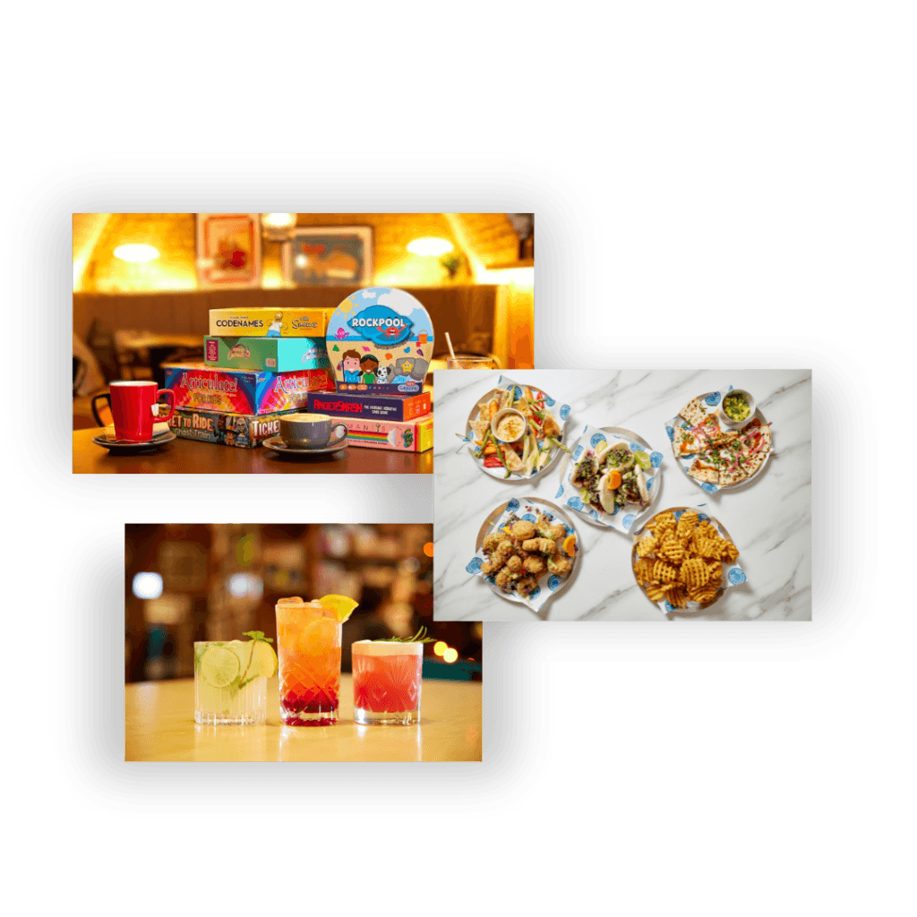 Picture of boardgames, best selling small plates and dry january mocktails